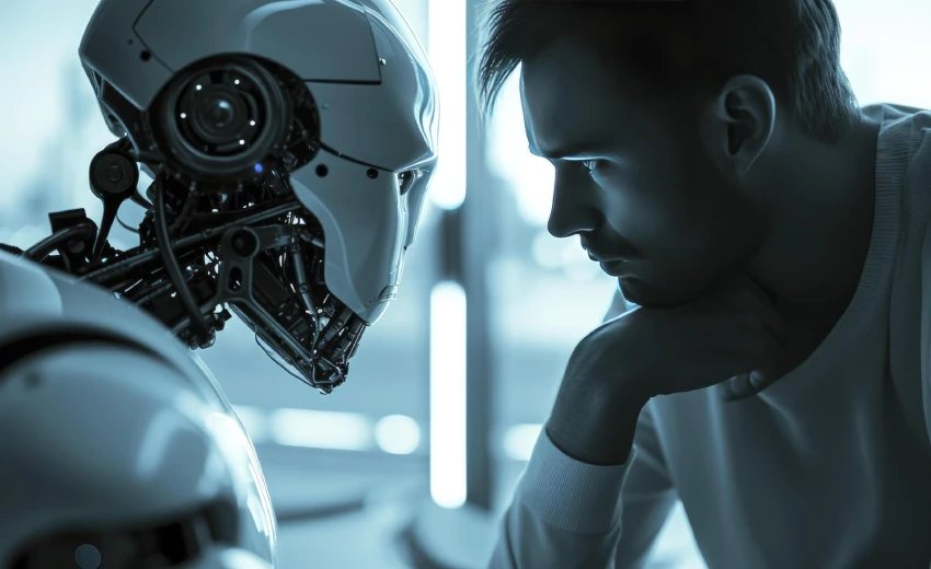 Un immagine generata da AI con un robot da lavoro e un umano che si guardano a vicenda. Ambientata in un interno con luci blu, richiamano il futuro del lavoro.
