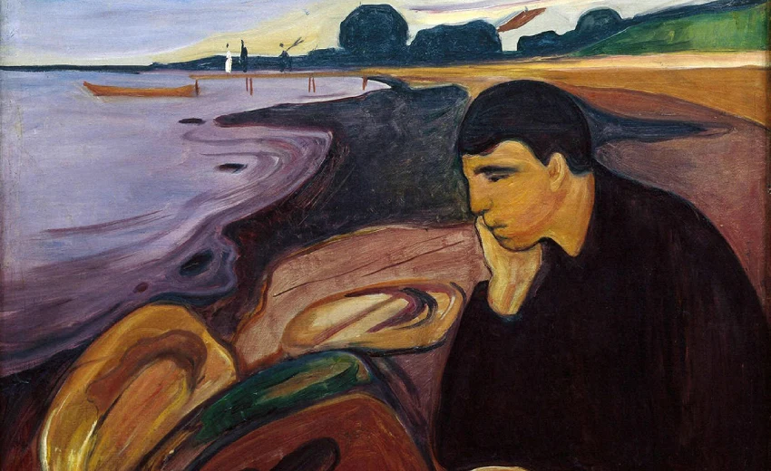 Il quadro il Pensatore di Munch (1800) dove un uomo è nell'istante di prendere una decisione giusta, Sullo sfondo dell'immagine un lago con una barca stilizzati.