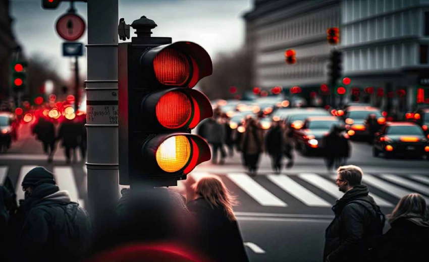 Immagine generata da AI in cui si vede un semaforo che indica quando fermarsi al punto con il giusto colore rosso o giallo. Si vedono una strada con alcune persone e delle auto sfuocate davanti a dei palazzi.