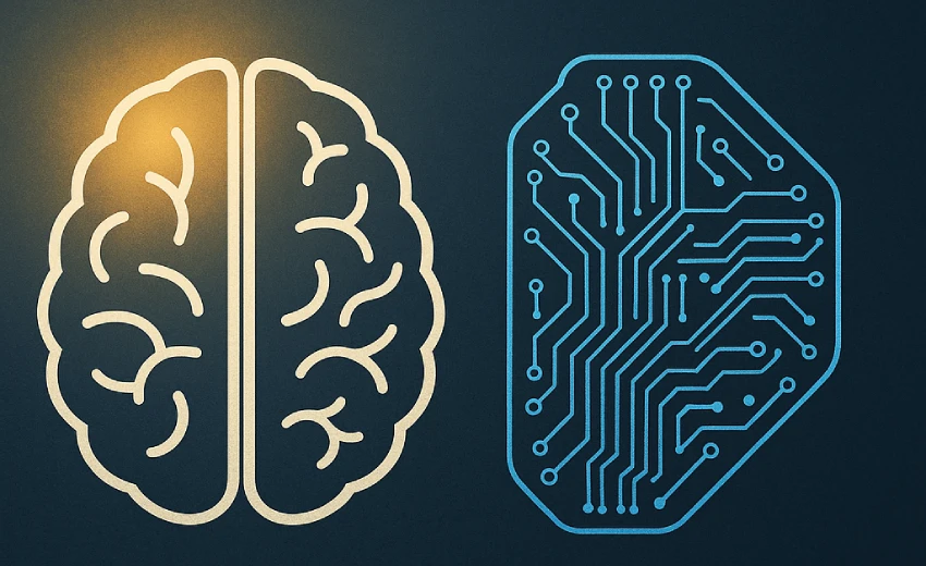 Due cervelli a confronto: uno di intelligenza artificiale (in stile AI, fatto di circuiti), l’altro umano (intelligenza naturale ), con una luce che illumina quello umano.