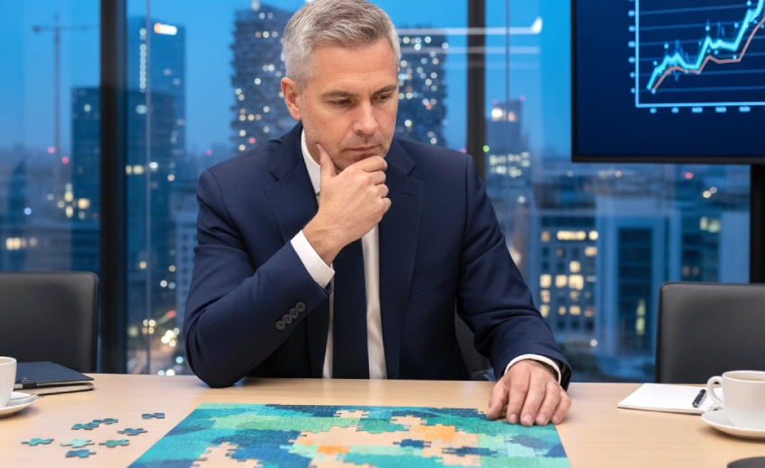 Un dirigente d'azienda in un ufficio moderno di notte, che guarda pensieroso un puzzle sul tavolo, usandolo come metafora per affrontare un problema complesso. Sullo sfondo, si vedono i grattacieli della città e uno schermo con un grafico finanziario.