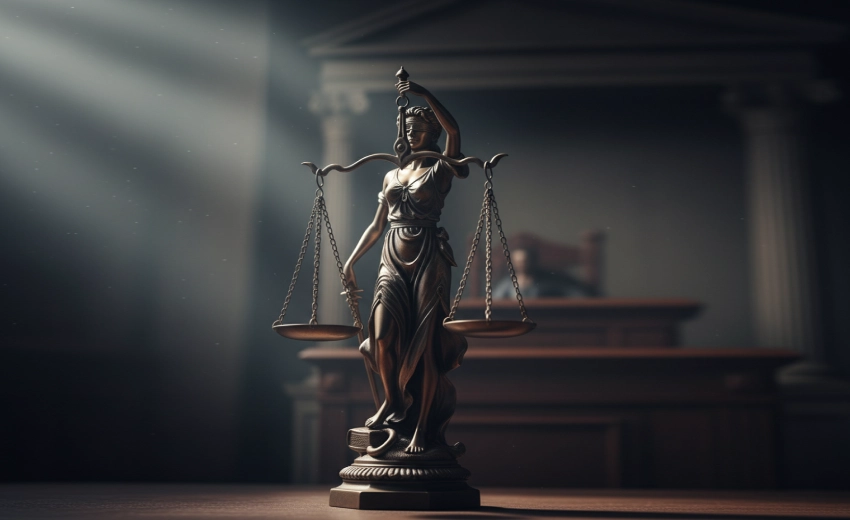 Una scultura in bronzo della dea bendata della giustizia, che simboleggia lo spirito della legge, è illuminata da una luce drammatica che ne esalta i contorni. La scultura è posta su una superficie lucida, con uno sfondo sfocato che suggerisce un'aula di tribunale o un ambiente legale.