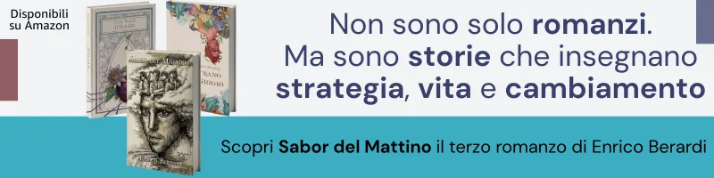 Banner pubblicitario con le copertine dei libri di Enrico Berardi, Jugaad, Oceano Grigio e Sabor del Mattino.