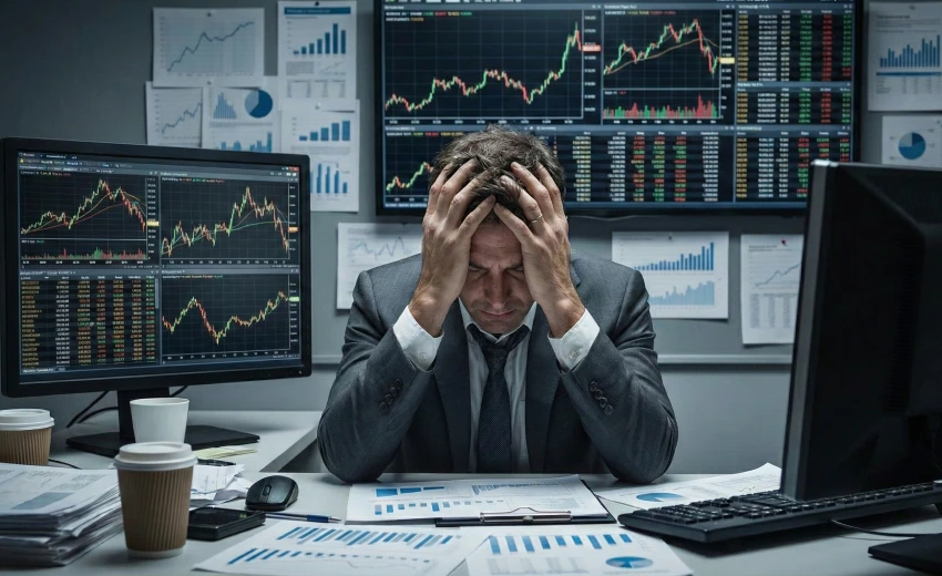 Un uomo d'affari vestito in giacca e cravatta seduto alla sua scrivania in un ufficio pieno di monitor che mostrano grafici e dati finanziari. Si tiene la testa tra le mani, con un'espressione di stress e frustrazione, che simboleggia un forte mal di testa dovuto alle difficoltà dei manager e alla pressione del mercato finanziario.