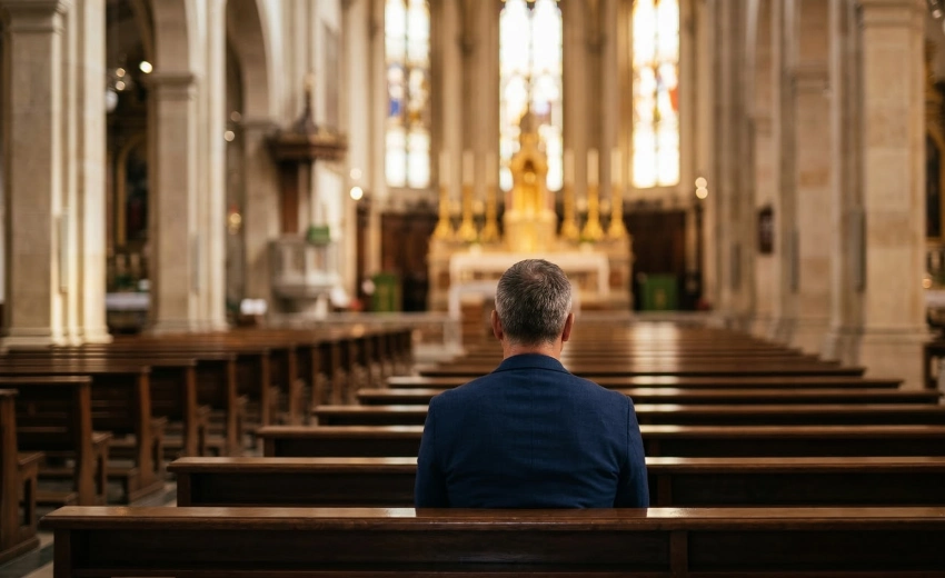 A high-angle, back-view shot of a businessman with short, graying hair sitting alone in a wooden pew with leadership and coraggio. He is positioned in the lower center of the frame, facing toward the altar, creating a sense of solitude and reflection.