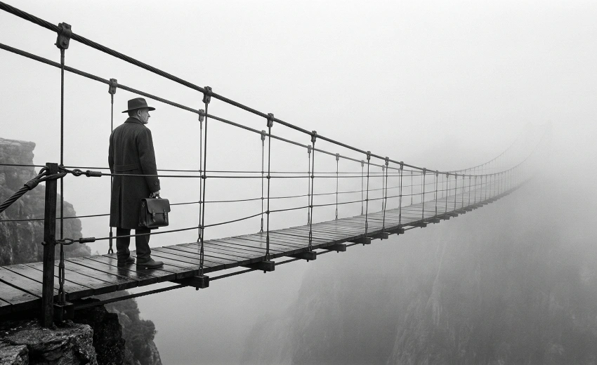 Uomo in abito elegante e cappello che osserva un lungo ponte sospeso immerso nella nebbia, simbolo di leadership e del coraggio necessario per affrontare l'ignoto e guidare verso il futuro.