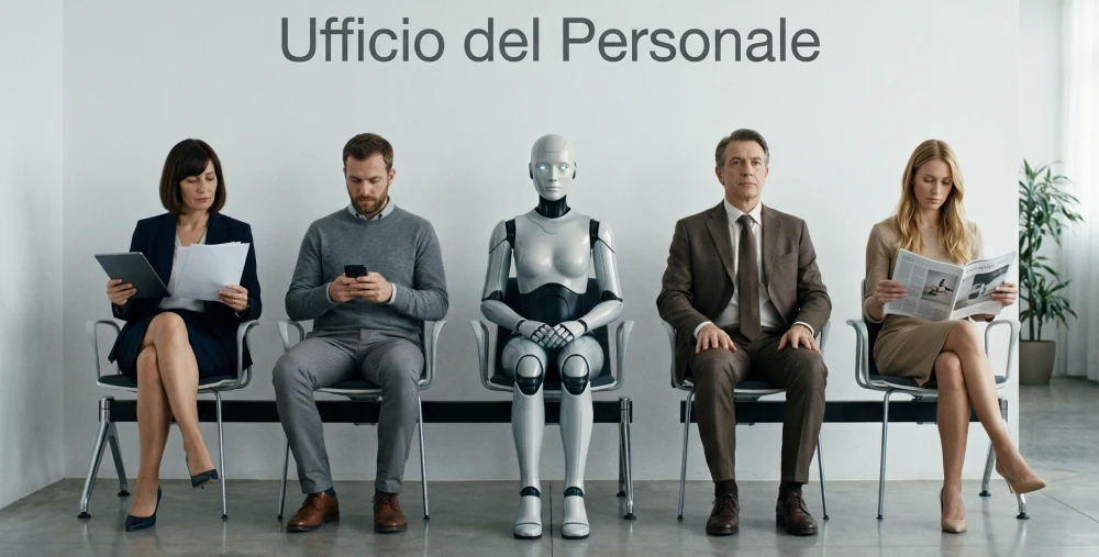 Un’immagine fotografica mostra una fila di quattro persone sedute in una sala d’attesa, apparentemente in ansia o preoccupate, inquadrate da un’inquadratura media. Sullo sfondo, un grande schermo a parete proietta in primo piano un’immagine generata dall’IA, con testo sgranato e colori alterati. La scritta sullo schermo recita: “L’IA sta causando licenziamenti di massa”, un chiaro riferimento alle preoccupazioni sull’impatto dell’AI licenziamenti sull’occupazione. Le quattro persone sono sedute in silenzio, fissando lo schermo con sguardi tesi e pensierosi, con l’AI licenziamenti come un’ombra che incombe su di loro.