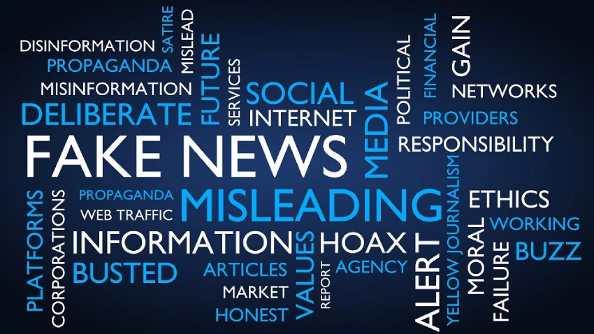 Word cloud sui pericoli della disinformazione online, con i termini fake news e reputazione aziendale messi in risalto su uno sfondo blu scuro. L'infografica include parole correlate come hoax, misleading, propaganda ed ethics, evidenziando l'impatto della cattiva informazione sui media e sui social network.